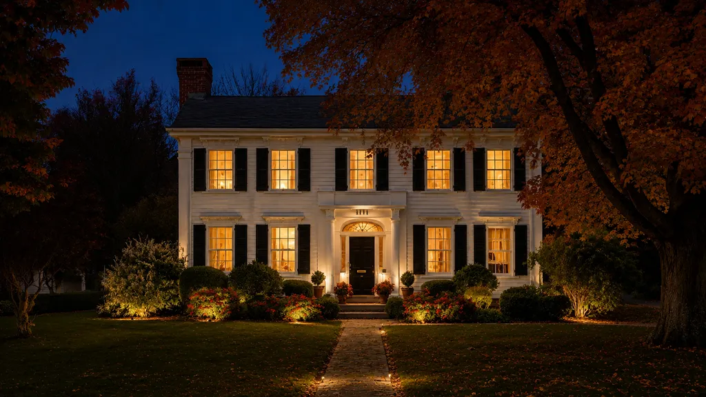 A large white house with lit windows and outdoor lights on a dark night.