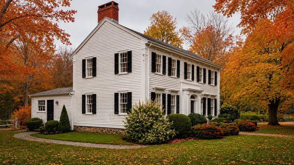 A white house with black shutters and a chimney, surrounded by autumn foliage.