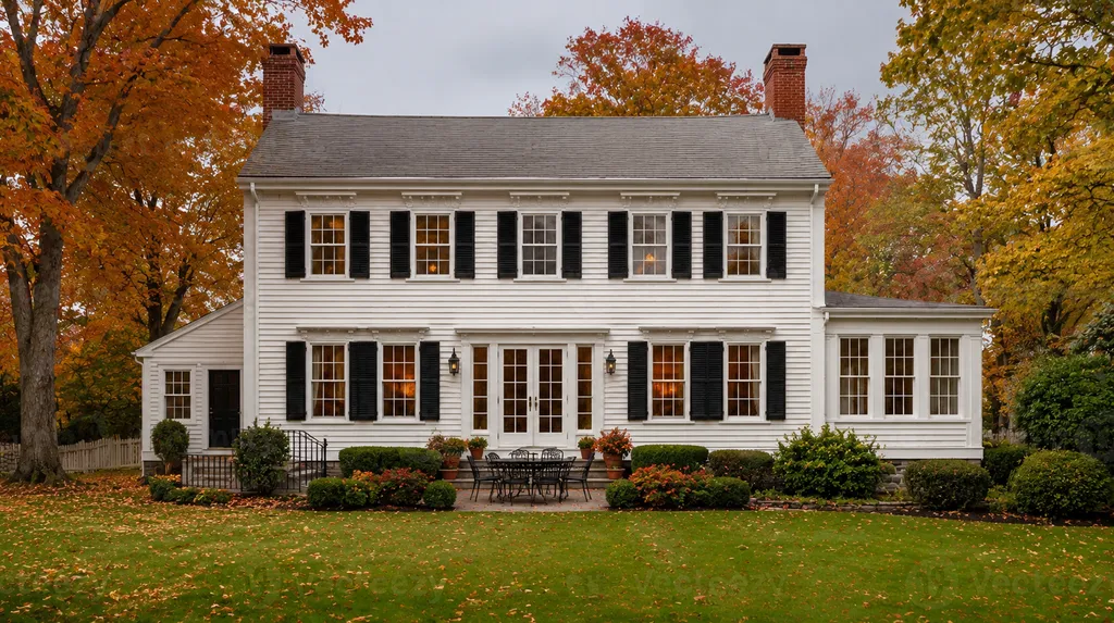 A large white house with black shutters and a gray roof, surrounded by a green lawn.